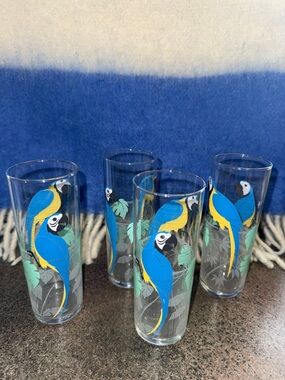 vintage Neiman Marcus highball glasses vibrant tropical blue yellow macaw parrot